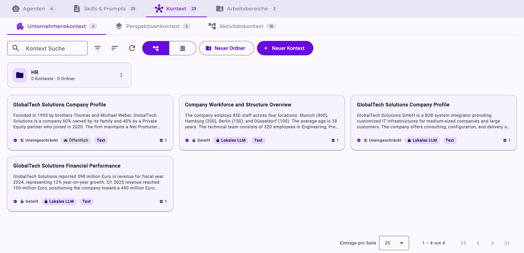 Context Hub im AI Hub: Karten mit Unternehmenswissen, jeweils mit Freigabe (für alle oder geteilt) und Modellbeschränkung (öffentlich oder nur lokales Modell).