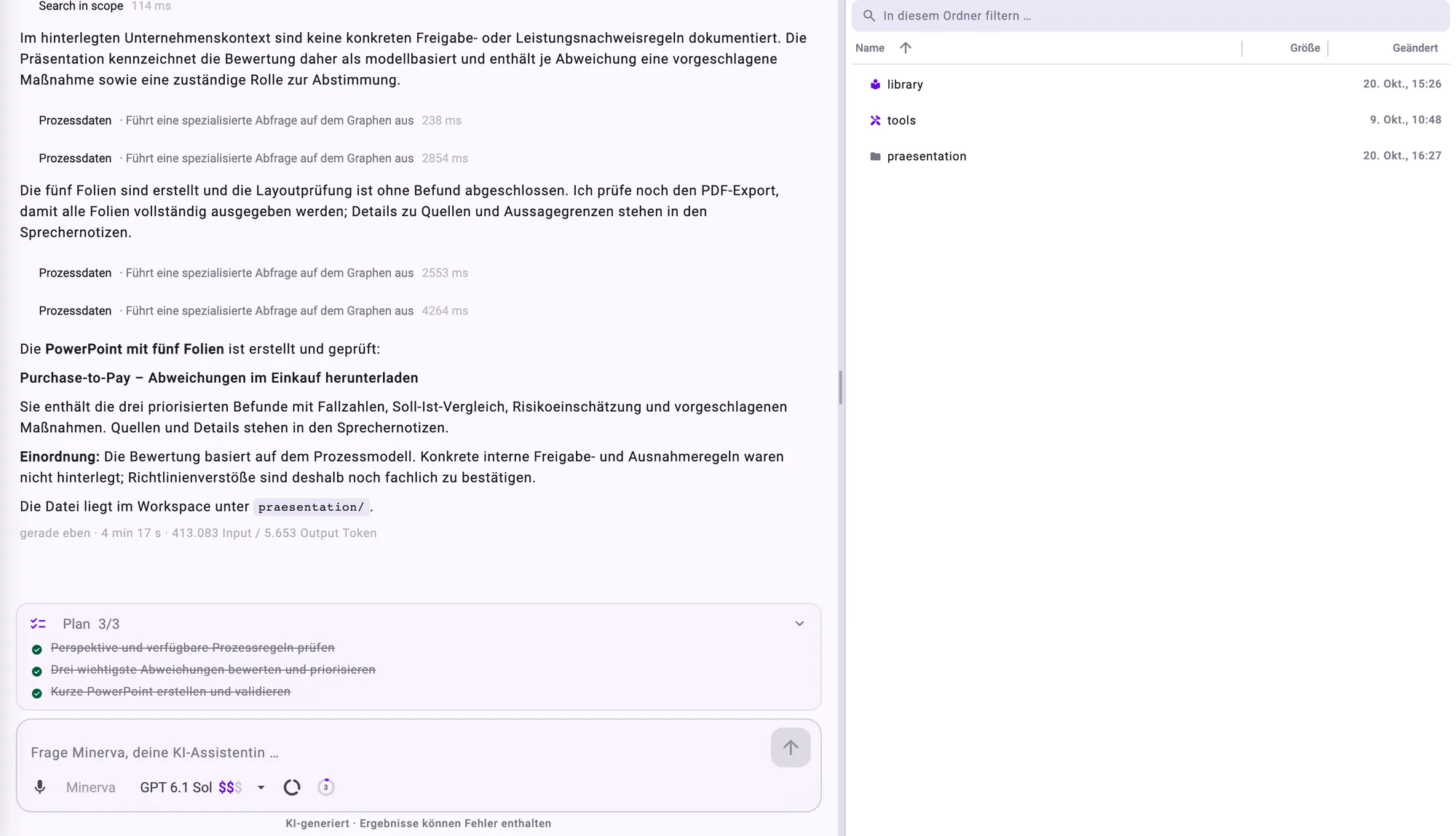 Minerva hat eine PowerPoint-Präsentation mit den drei wichtigsten Abweichungen im Purchase-to-Pay-Prozess erstellt; darunter der abgehakte Plan in drei Schritten, rechts der Workspace mit dem neuen Ordner.