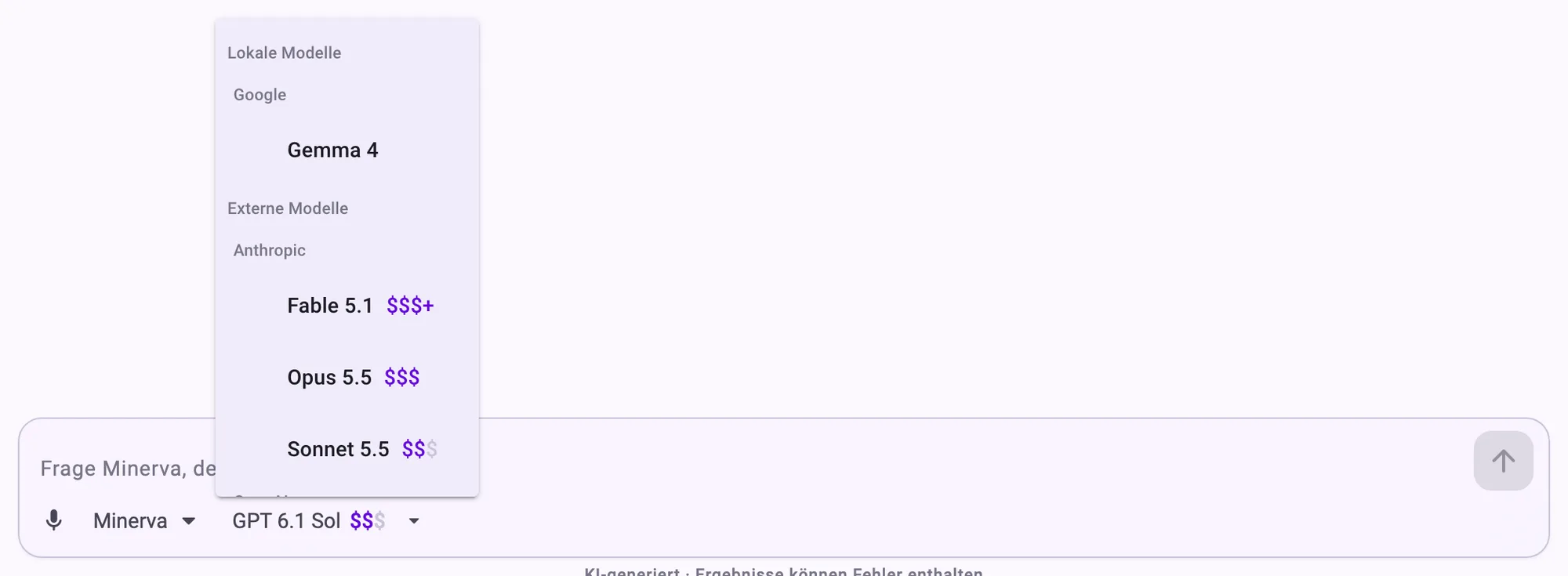 Modellauswahl im Chat: lokale Modelle und externe Modelle, jeweils mit Preisstufe von $ bis $$$+.