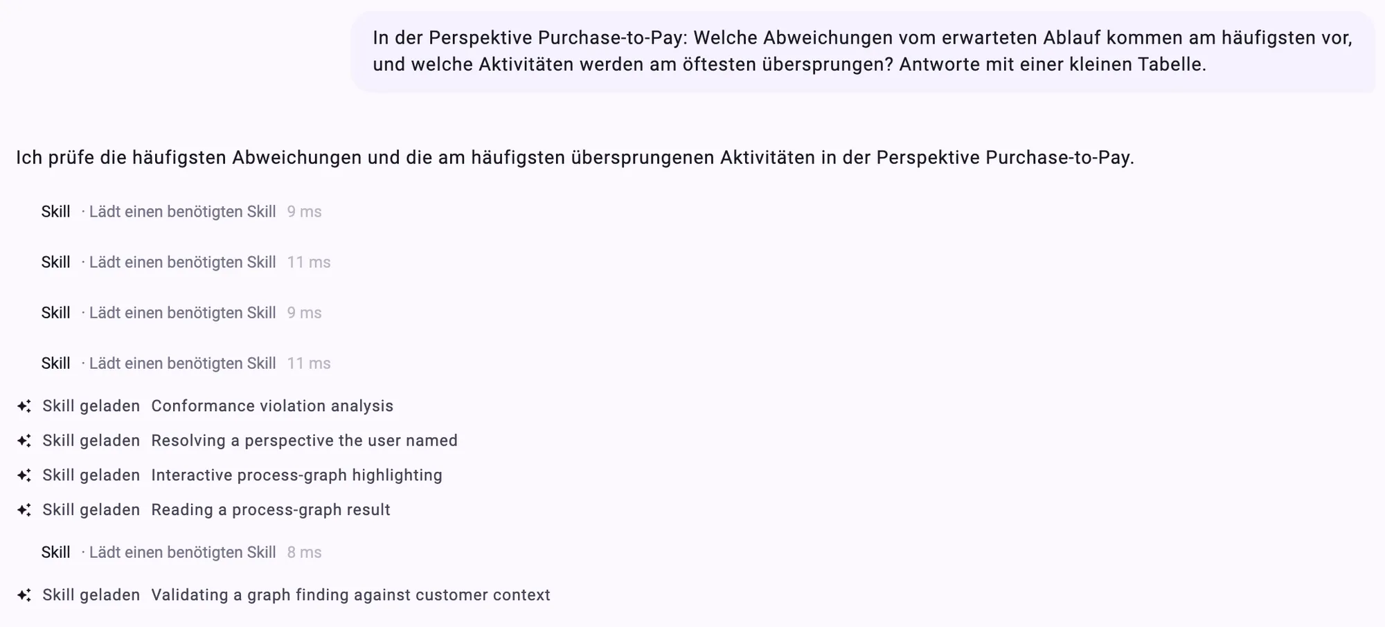 Minerva kündigt an, was sie prüft, und zeigt im Chat jeden Schritt: welche Skills sie lädt und wofür.